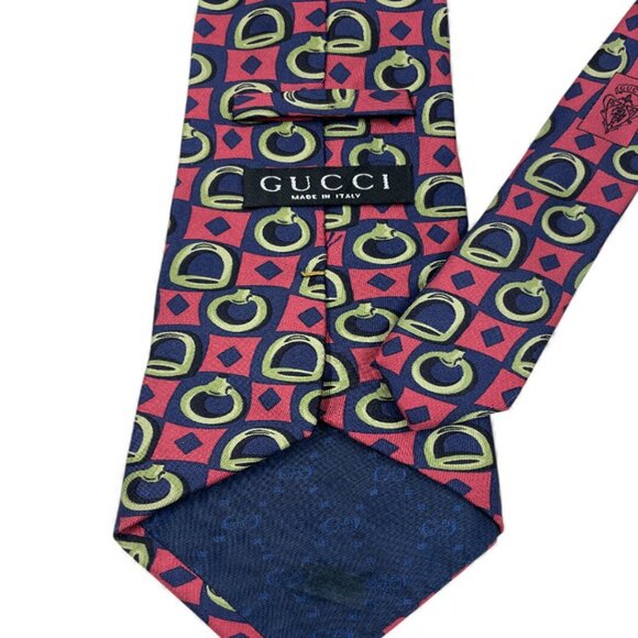 Gucci Silk Tie Italy Made Vintage Horsebit Pink Blue Geometric Horse Equestrian - Picture 4 of 9